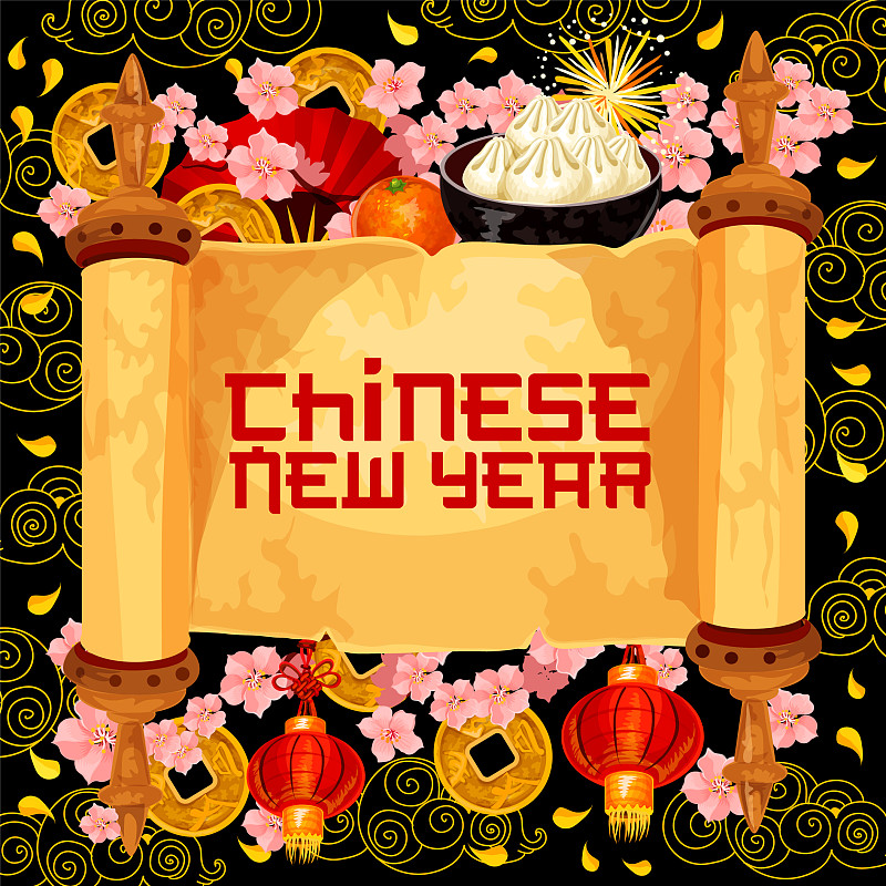 中国新年祝福卷轴贺卡图片素材