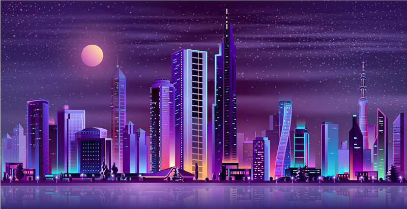 现代城市夜景霓虹卡通图片下载