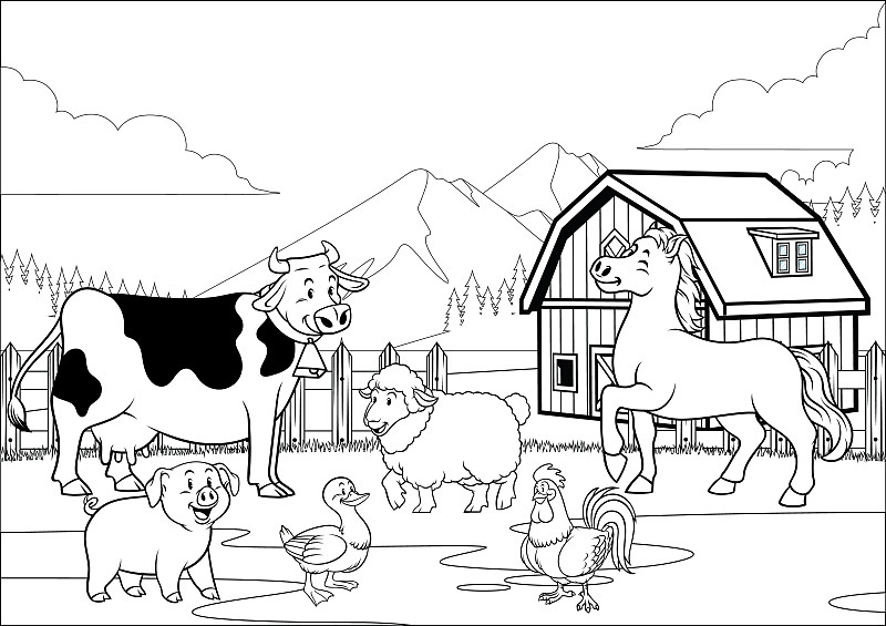 黑白涂色页快乐农场动物图片