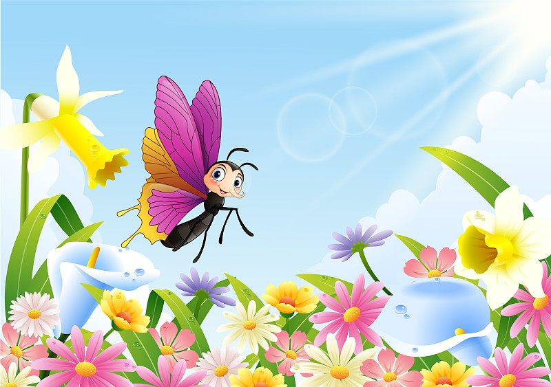 蝴蝶在花丛中飞舞卡通图片