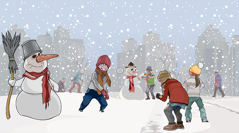 卡通小孩在公园里玩雪球图片素材