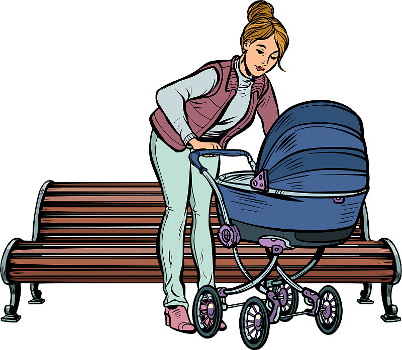年轻的妈妈推着婴儿车坐在公园的长椅上图片下载