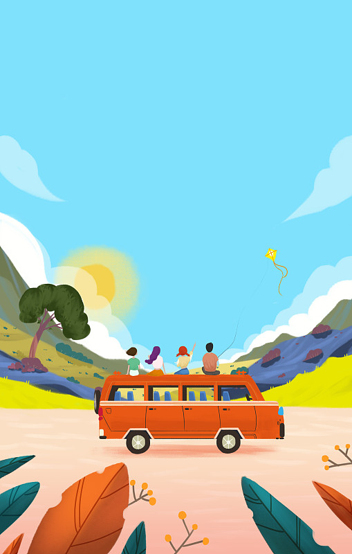 四个人坐在车顶欣赏美景 多彩的郊外风景和朋友自驾游插画图片