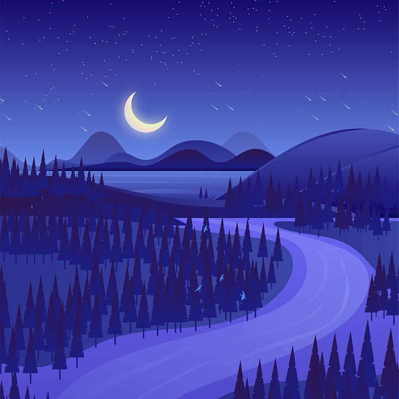 美丽夜晚星空下的原始森林格外宁静，一条弯曲的河流从山上流动到图片下载