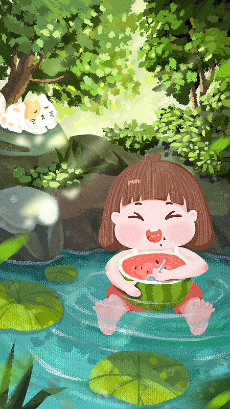 夏天在小树林避暑吃西瓜的女孩图片下载