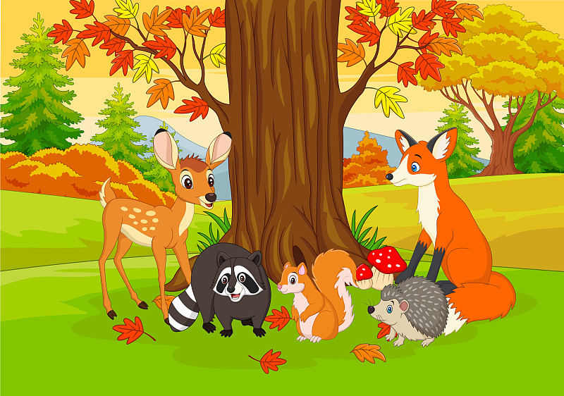 秋天森林里的卡通野生动物图片下载