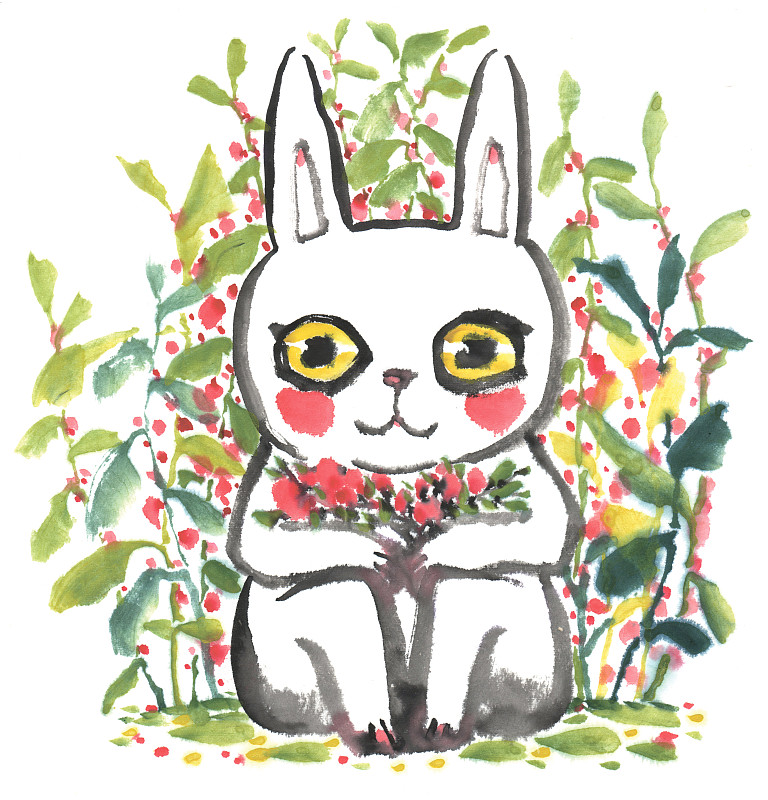 国画水墨插画-坐着花丛边的可爱小白兔下载