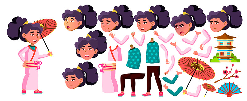 亚洲女孩小孩矢量。日本学童。动画创建集。面对情绪，手势。和服。有趣，友谊，快乐享受。对于明信片，封面设计插图图片下载