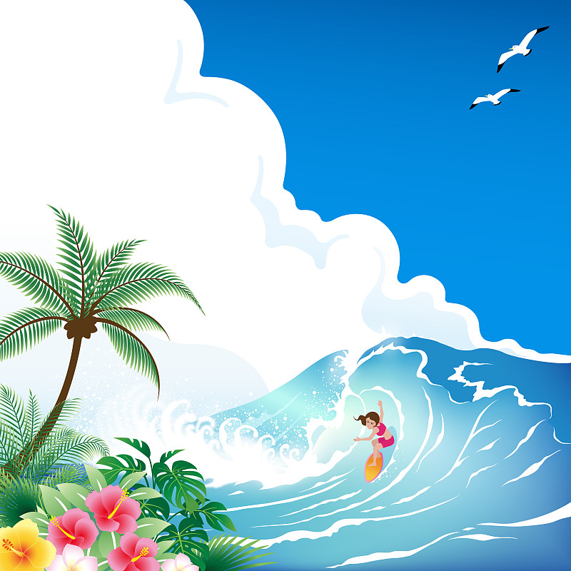 冲浪女孩与冲浪板在热带的蓝色波浪图片下载