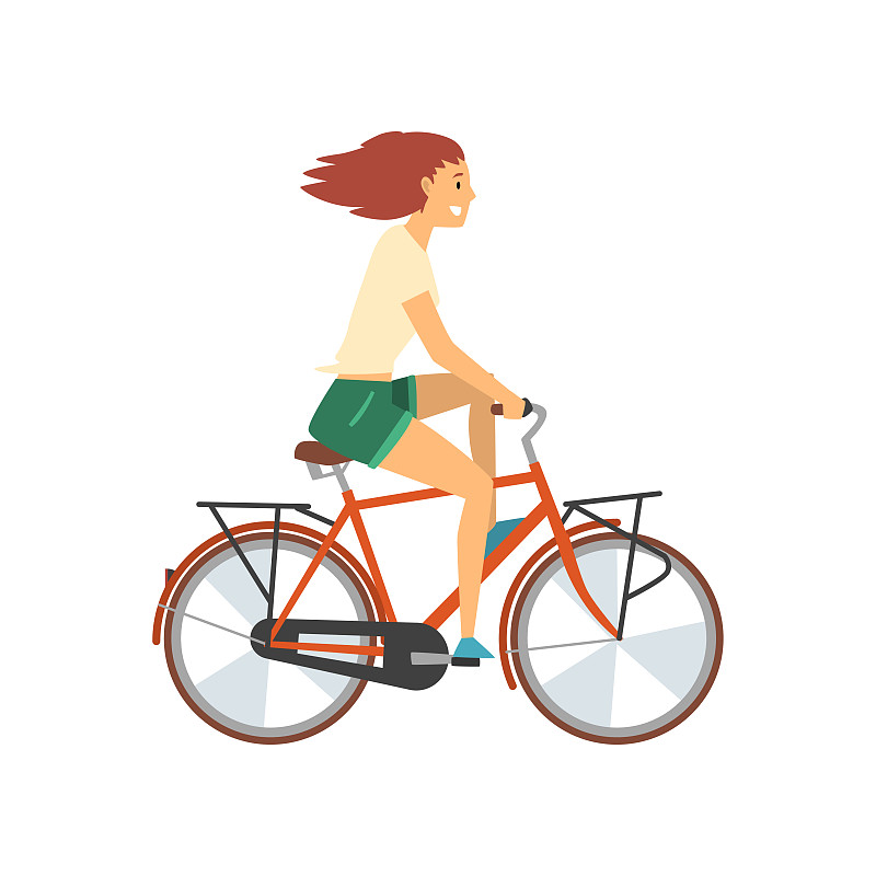 Young Woman Riding Bike, Female Cyclist Character on Bicycle Vector Illustration图片素材