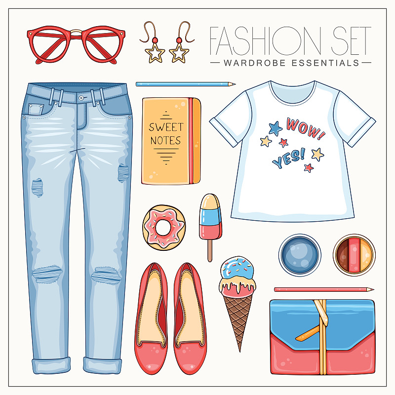 Woman fashion summer set with t shirt, clutch and jeans图片素材