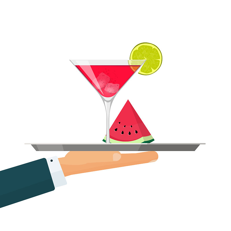 服务员用托盘、鸡尾酒饮料玻璃矢量插图用冰块和西瓜片隔离上白色平面卡通设计，水果平面卡通红色混合饮料图标形象图片素材