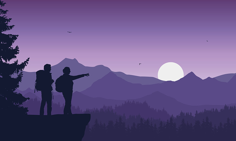 现实描绘的两个游客，男人和女人背包，山区景观与针叶林下的紫色天空与飞鸟-向量图片下载