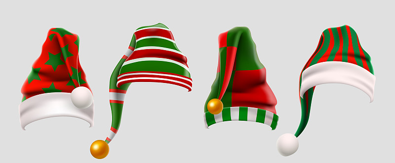 冬季羊毛精灵帽子圣诞套装。圣诞绿色和红色毛皮帽照片亭道具的孩子。圣诞老人的帽子。冬天的衣服。圣诞3d现实向量图标集摄影图片下载