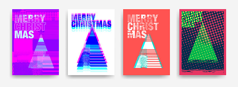 一套带有文字的卡片圣诞快乐。色彩鲜艳的圣诞树设计，美观别致。图片下载