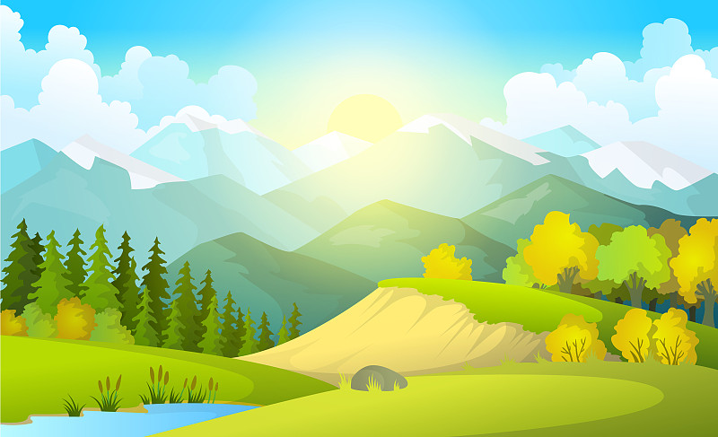 矢量插图美丽的夏季田野景观与一个黎明，绿色的山，明亮的颜色蓝色的天空，乡村背景在平面卡通风格的旗帜图片下载