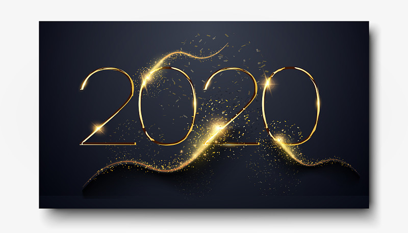2020年新年快乐。数字2020写闪烁的火花孤立在黑色背景。2020年新年晚会烟花传单模板设计。设计小册子的海报。装饰元素。向量图片素材