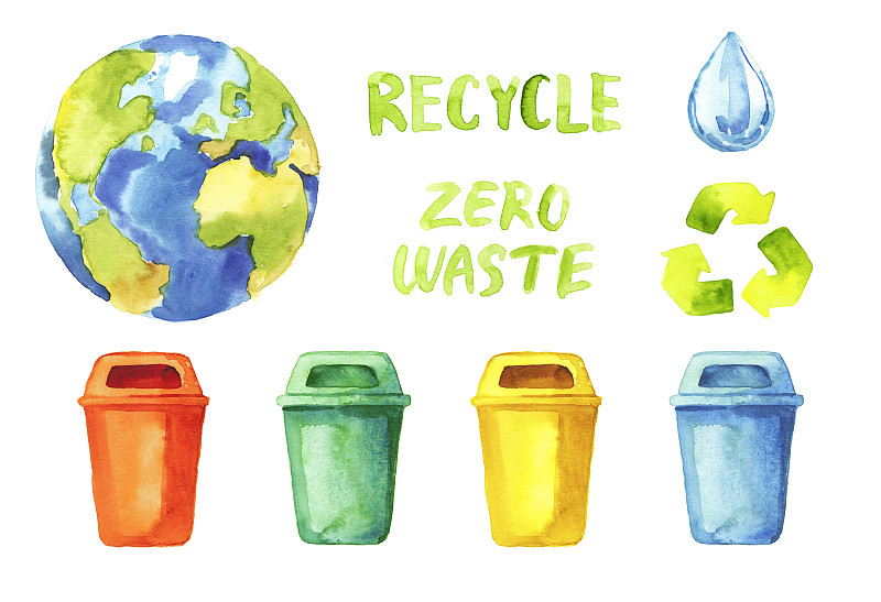 水彩手绘生态回收废物图标和字母设置孤立在白色背景-垃圾桶，水滴，地球星球图片下载
