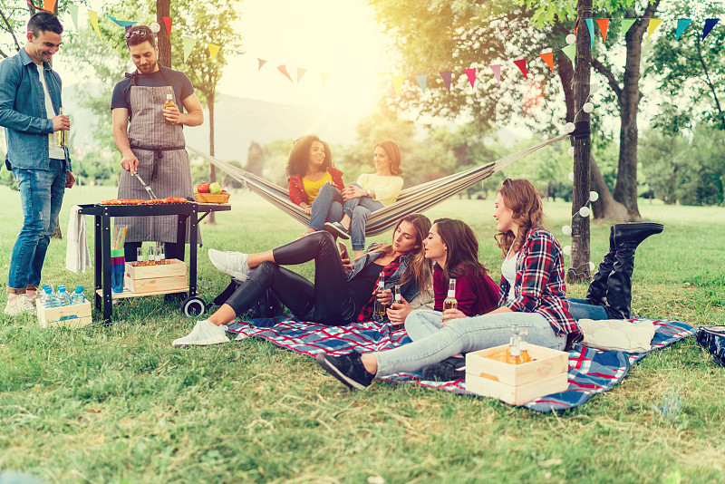 朋友们在公园里享受野餐和烧烤图片下载