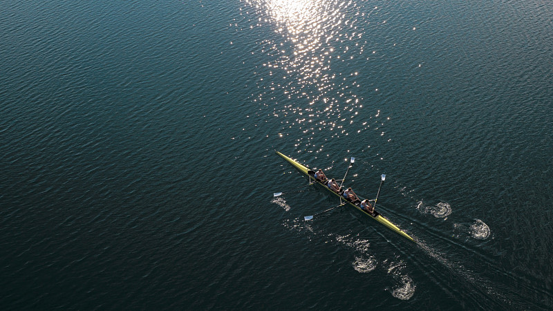 我们的男运动员在阳光下在湖上划桨图片下载