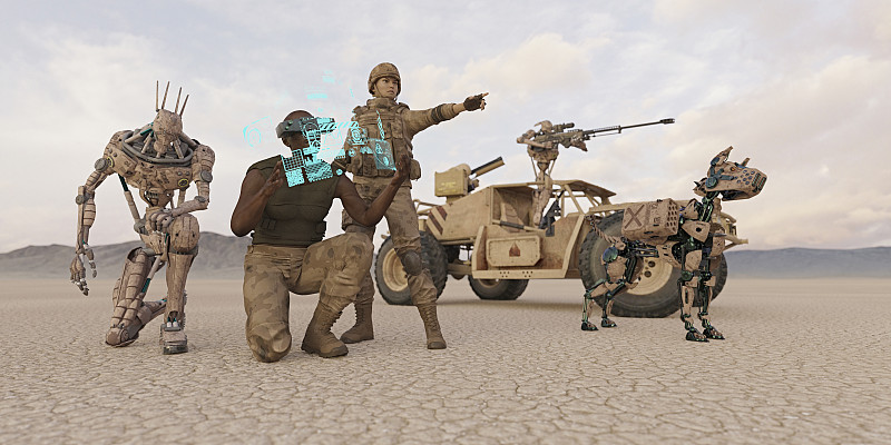 沙漠里的未来战士和机器狗图片下载