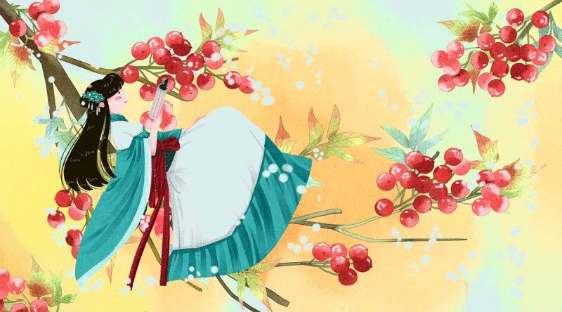 水彩风格古风娃娃与植物二十四节气霜降插画下载