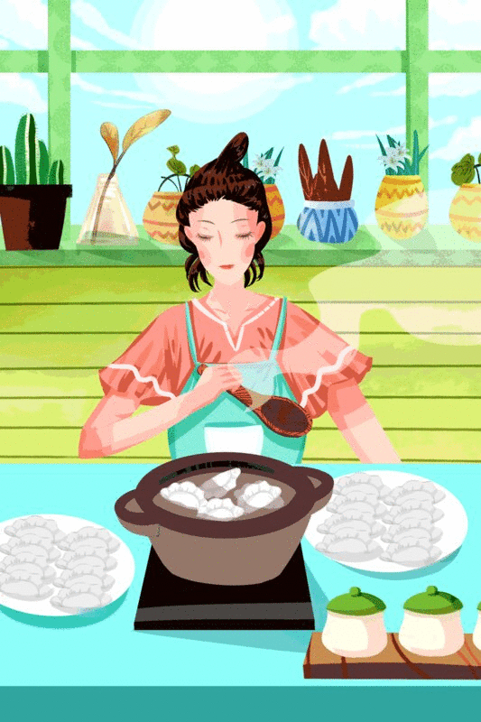 二十四节气冬至习俗城市女性煮饺子插画图片下载