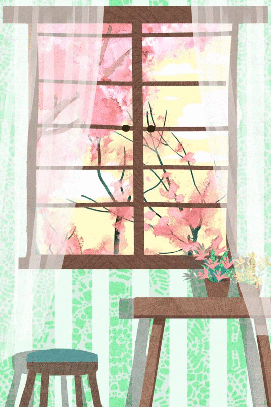春天窗户外的花瓣飘落插画GIF动图图片下载