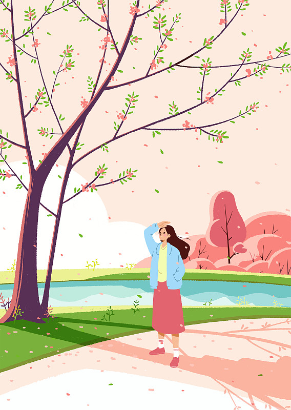 春天里一个女孩在开满粉色花朵的田野里图片下载