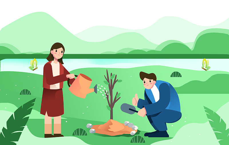 卡通男生拿铲子女生浇水植树插画图片