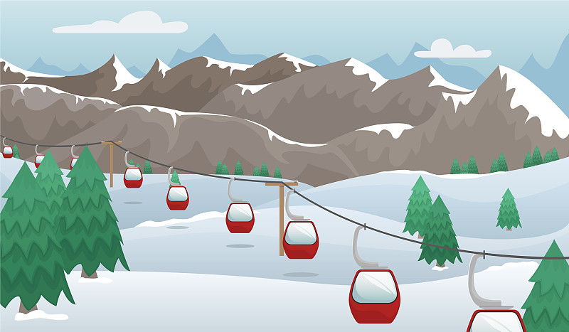 冬季山地景观与滑雪缆车图片素材