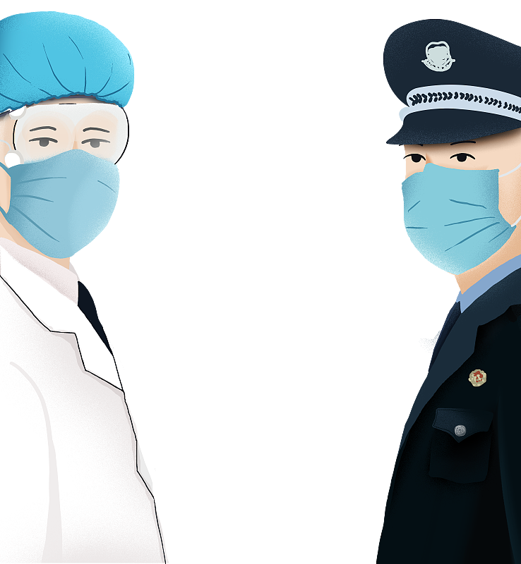 戴防流感口罩的医生和警察图片下载