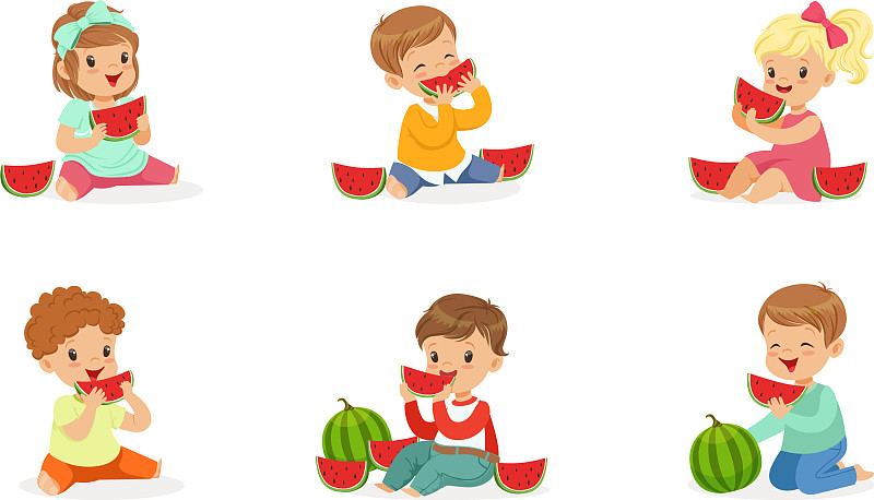 小孩子喜欢吃西瓜套图片素材