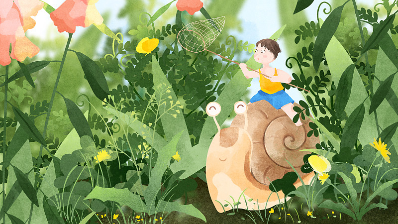 儿童节草丛中骑在蜗牛上捕蝴蝶的男孩插画图片