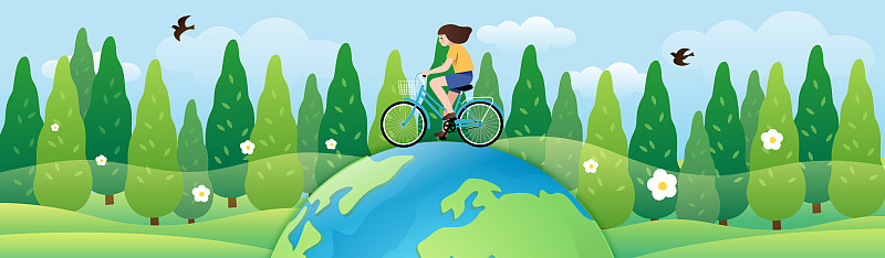 一个女生在地球上骑自行车和树林背景图片下载