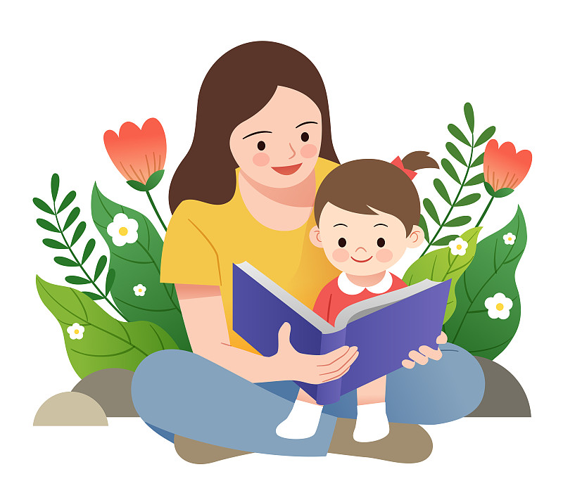 妈妈和孩子一起在花丛前看书图片下载