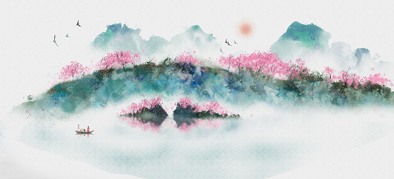 手绘中国风蓝色意境山水画图片素材