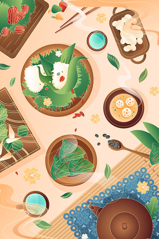卡通端午节包粽子美食中国风传统节日渐变矢量插画图片