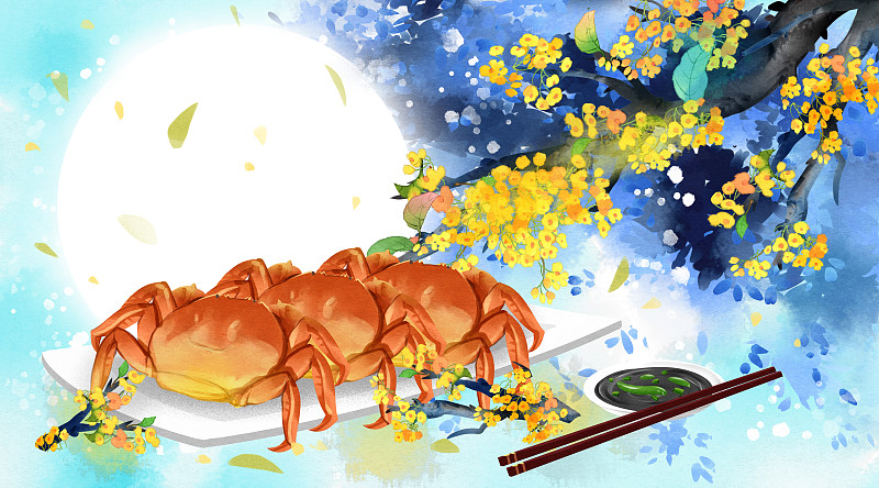 中国传统节日中秋节吃螃蟹插画图片