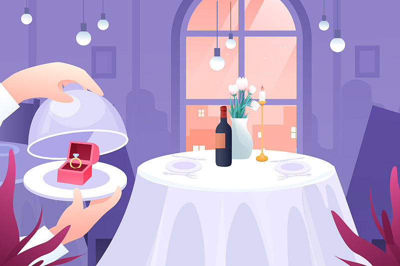 卡通520情人节浪漫求婚约会烛光晚餐西餐厅促销电商矢量插画图片