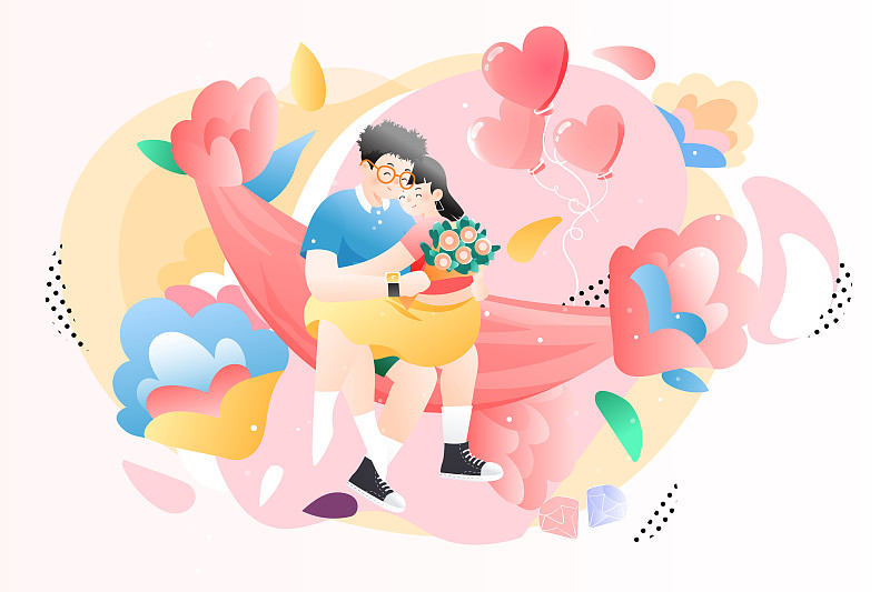 卡通520情人节情侣依偎拥抱在一起浪漫约会矢量插画下载