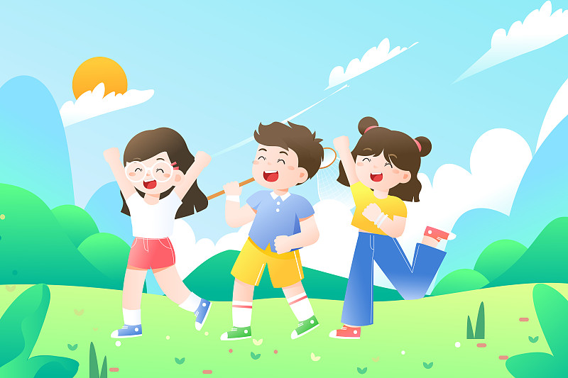 卡通六一儿童节夏令营出游旅行户外活动风景背景矢量插画图片