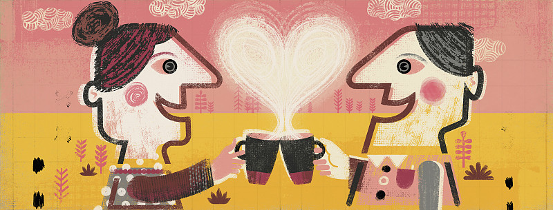 情侣们用咖啡杯和心形蒸汽互相敬酒图片下载