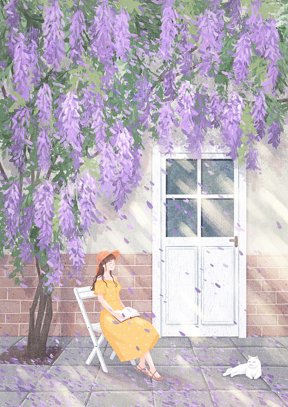 女孩坐着花树下看书猫图片下载