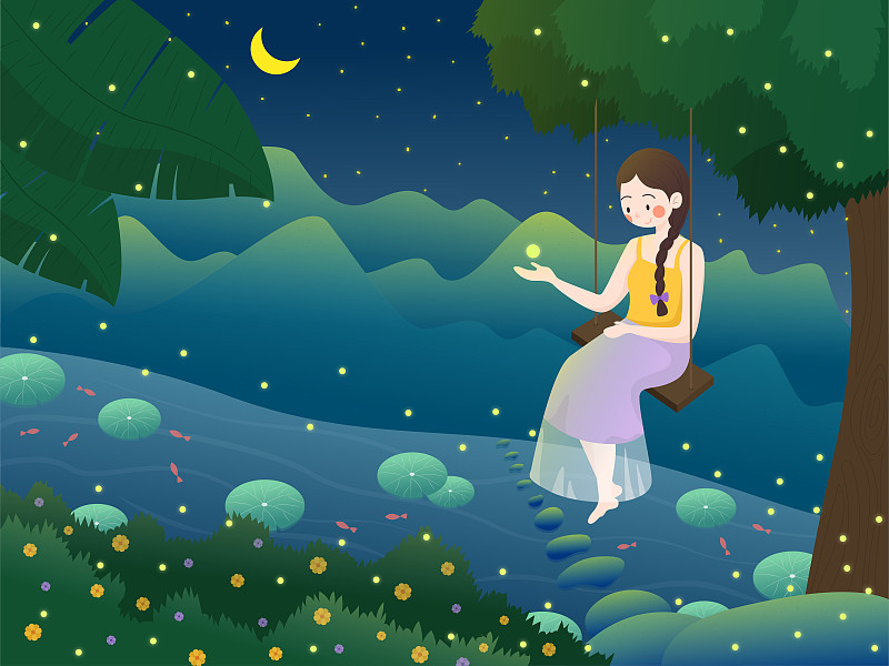 夏夜在树下荡秋千的少女横版图片素材