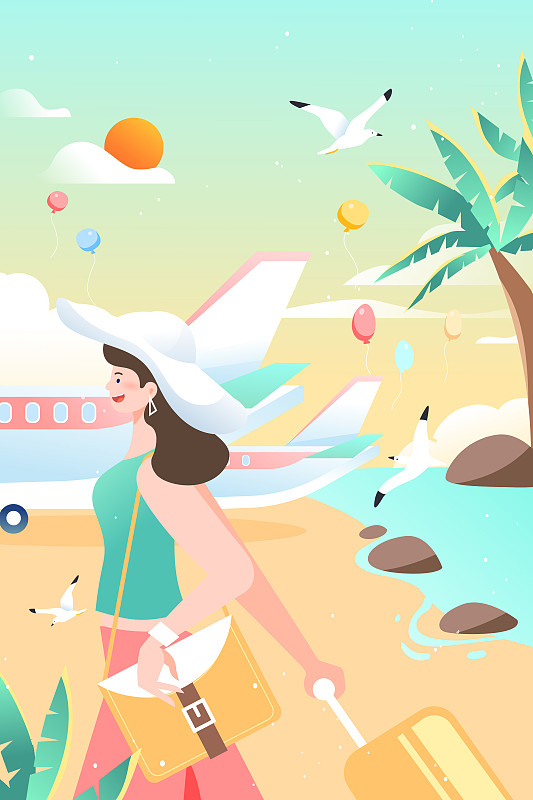 卡通夏季美女度假出游旅行旅游海边冲浪出海自然风景背景矢量插画图片