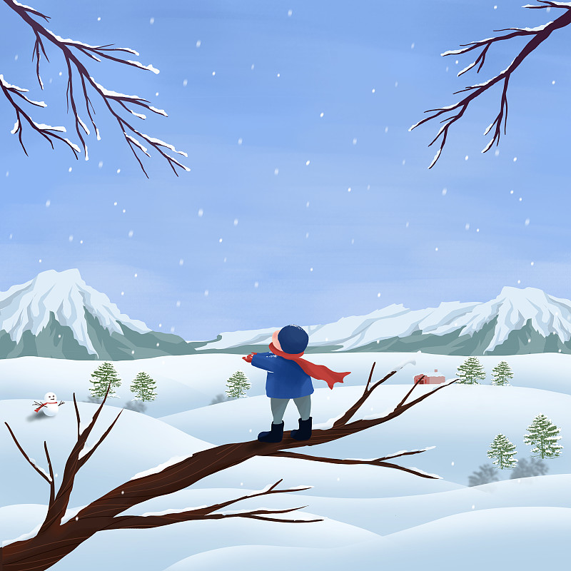 小孩站在树枝上的冬天雪景插画下载