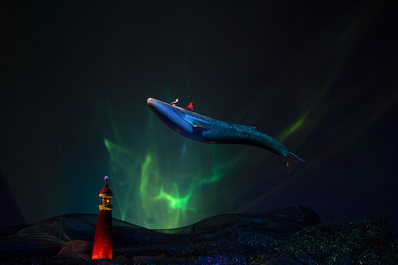 圣诞老人骑着鲸鱼送圣诞礼物海洋微景观创意静物图片素材