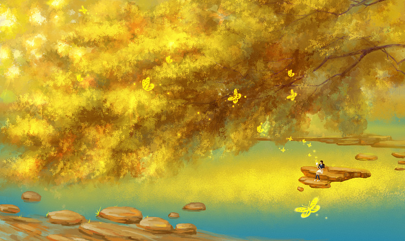 秋天的湖边女孩正在放飞蝴蝶 创意插画图片