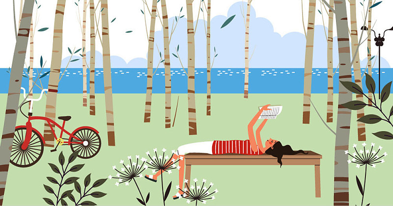矢量插图的女人躺在长凳上看书在白桦林图片素材